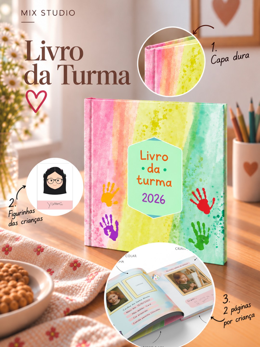 Livro da Turma: capa dura, figurinhas das crianças e 2 páginas por criança
